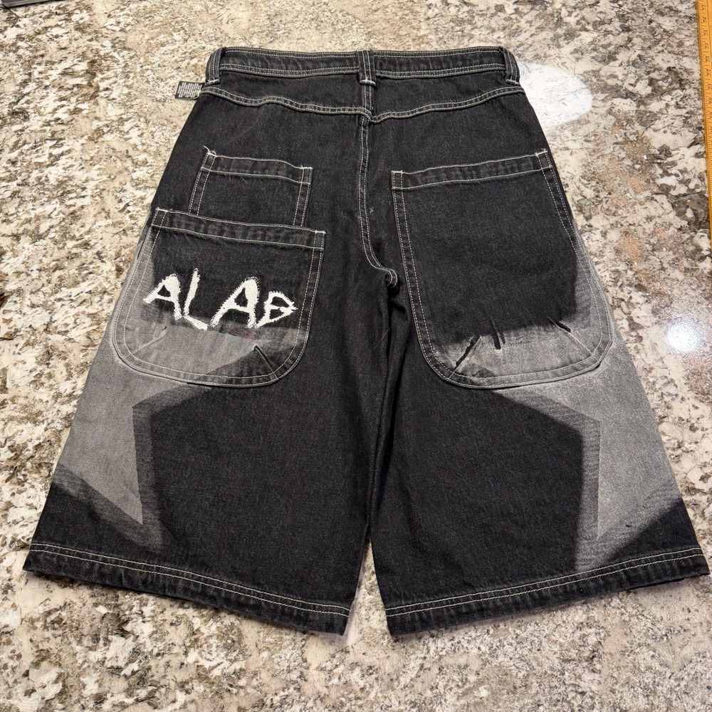 Vintage 2000s A-Lab Black Denim Star Graphic Baggy Skate Shorts Size 28